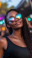 Young African American woman with long braids wearing heart-shaped reflective sunglasses and gold necklace smiling at sunset festival with colorful bokeh lights in background.