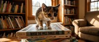 A tabby cat stands on stacked books in a cozy library room with wooden bookshelves, warm lighting, and comfortable seating for reading and learning environments.