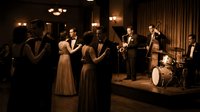 Elegant couples dancing to live jazz band performance in vintage speakeasy club with warm atmospheric lighting and classic 1920s ambiance.