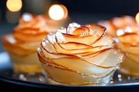 Golden apple rose pastries with delicate layered petals baked in muffin tins, elegant dessert presentation with warm bokeh lighting for bakery menu design.