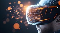 Person wearing virtual reality headset with glowing digital particles and bokeh light effects against dark background, creating futuristic tech atmosphere.