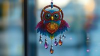 Colorful beaded owl dreamcatcher with vibrant feathers and crystal drops hanging against blurred background for bohemian home decor and spiritual protection.