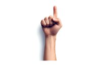 Male hand with index finger pointing upward against white background, showing attention gesture for presentations, warnings, or educational content.
