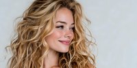 Young blonde woman with curly hair smiling confidently against neutral background for beauty and lifestyle marketing campaigns.