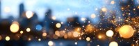 Magical glowing bokeh lights and sparkling particles against blurred urban skyline background creating dreamy atmospheric evening scene.
