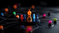 Colorful figures gathered around glowing orange trophy on dark connected network, symbolizing team achievement and collaborative success in business leadership.