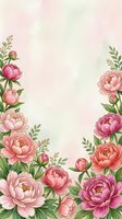 Watercolor peony flowers frame border with soft pink background for wedding invitations, greeting cards and feminine design projects.