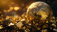 Golden globe model showing Earth continents surrounded by luxury gold particles and fragments on dark background with bokeh effect.