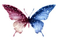 Watercolor butterfly with red and blue wings on white background, cosmic galaxy pattern with stars and nebula effect, artistic nature illustration.