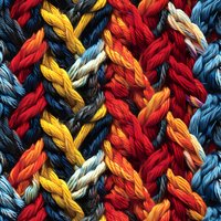Colorful braided rope pattern in red, yellow, blue and white creates dynamic diagonal texture. Seamless repeat design for fabric and textile backgrounds.