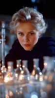 Young blonde woman scientist in laboratory examining test tubes with warm lighting for research and development projects.