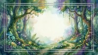 Enchanted forest frame with mystical trees, ferns and magical lighting creating natural border for fantasy storytelling and fairy tale designs.