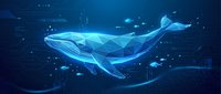 Low poly blue whale swimming in digital ocean with glowing particles and tech elements. Modern geometric marine life concept for technology designs.