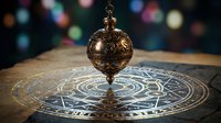 Ornate bronze pendulum suspended over intricate astrological chart with mystical symbols and celestial patterns on wooden surface with bokeh lights.