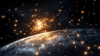 Stunning cosmic scene with planet Earth against starfield backdrop featuring golden stellar formations and nebula clouds for astronomy content.