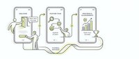 Business process optimization workflow with mobile app interfaces showing data analytics and performance metrics for digital transformation.