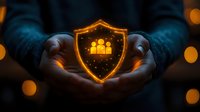 Glowing orange shield with family icon held in protective hands against dark background with bokeh lights, representing security and family protection.