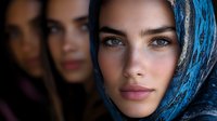 Young woman with fair complexion wearing a blue headscarf, looking directly at camera with serious expression. Blurred figures in background. Suitable for editorial, cultural, diversity, and portrait projects.