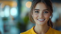Young Caucasian woman with bright smile wearing yellow sweater against blurred background with bokeh lights. Natural makeup and casual style for lifestyle content.