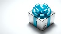 Silver gift box with a bright blue ribbon bow on a white background, evoking celebration, surprise, and holiday giving.