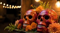 Colorful decorated sugar skulls with marigold flowers for Day of the Dead celebration. Traditional Mexican holiday altar decoration with warm lighting background.