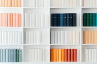 Modern bookshelf with color-coordinated books arranged in neat rows, featuring pastel peach, white, navy blue, teal, and orange spines against white shelving.