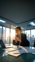 Professional businesswoman using smartphone in modern office with city skyline view during golden hour for corporate communication and productivity.