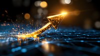 Glowing golden arrow rises through water splashes against dark background with blue grid pattern and bokeh lights, symbolizing growth and success.