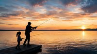 Adult male and young female child fishing together on wooden dock at sunset over calm lake water with golden sky and clouds.