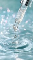 Cosmetic dropper with clear serum dropping into water creating ripple effect on turquoise background with bokeh lights, macro photography for skincare advertising.