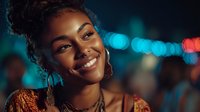 Young African American woman with curly hair smiling joyfully at night with colorful city lights bokeh background creating warm atmospheric portrait.