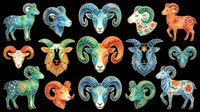 Colorful Aries ram zodiac set isolated on transparent background, ready for astrology clipart, stickers, t-shirt design, print on demand, and sublimation projects.