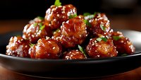 Glazed Asian meatballs garnished with sesame seeds and green onions on black ceramic plate, close up view showing sticky sauce and appetizing shine.