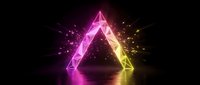 Neon triangle portal with glowing pink and yellow light effects on dark background. Futuristic geometric frame with particle explosion for digital art projects.