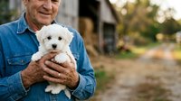 Senior man with weathered hands holding small white fluffy puppy outdoors. Caucasian male wearing denim shirt posing with young dog in rural setting for pet adoption, companionship, and lifestyle themes.