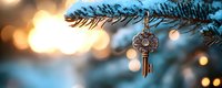 Vintage ornate key hanging on Christmas tree branch with soft bokeh lights creating magical holiday atmosphere. Decorative antique bronze ornament.