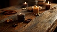 Rustic wooden table with burning candles, cinnamon sticks, star anise and dried herbs creating cozy autumn atmosphere for relaxation or meditation.