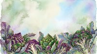 Watercolor illustration of fresh purple and green broccoli, cauliflower, and leafy vegetables arranged in a row. Suitable for culinary, healthy eating, and organic food design projects.