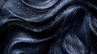 Mysterious dark waves with glowing particles create elegant flowing pattern. Abstract black background with shimmering sparkles and smooth curved lines.