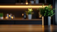 Small green plant in metal pot on wooden table with warm bokeh lights creating cozy restaurant or cafe atmosphere for interior design and hospitality concepts.