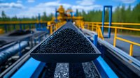 Coal transportation on industrial conveyor belt at mining site, raw black mineral in railway car against forest background and blue sky, energy production concept.