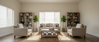 Modern neutral living room interior with beige sofa, armchairs, wooden coffee table, bookshelves and plants for home design and decoration projects.