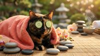 Relaxed tabby cat wearing cucumber eye mask at outdoor spa setting with towels and zen stones for wellness and self-care concept.