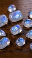 Rainbow moonstone gemstones with blue flash adularescence scattered on rustic wooden surface for jewelry making and crystal healing practices.