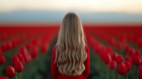 Young woman with long blonde wavy hair wearing red sweater standing in vibrant tulip field during sunset, back view. Romantic spring countryside landscape.