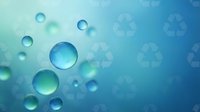 Blue water bubbles floating with recycling symbols background for environmental sustainability and eco-friendly concepts in aquatic setting.