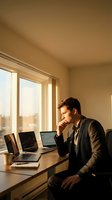 Thoughtful businessman in suit working at desk with laptops during golden hour light streaming through office windows for productivity and success concepts.