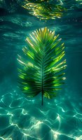 Green palm leaf floating underwater with sunlight creating rippling patterns through turquoise water, artistic nature photography for wellness and spa designs.