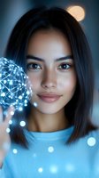 Young Asian woman with glowing network sphere representing artificial intelligence and digital transformation in modern technology concept.