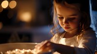 Young girl in white dress reading book in dim room with warm glowing lights, creating magical atmosphere. Face illuminated by soft light while focused on pages.